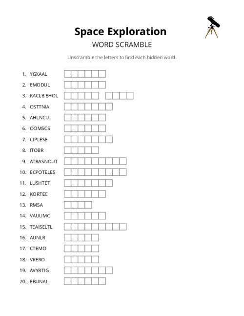 Space Exploration Word Scramble Puzzle