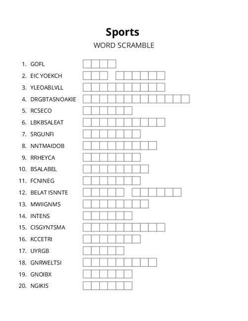 Sports Word Scramble Puzzle