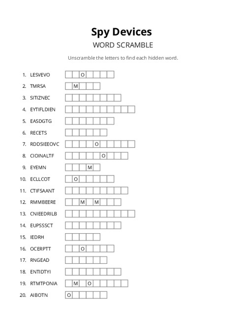 Spy Devices Word Scramble Puzzle