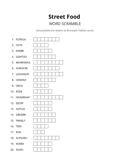 Street Food Word Scramble Puzzle
