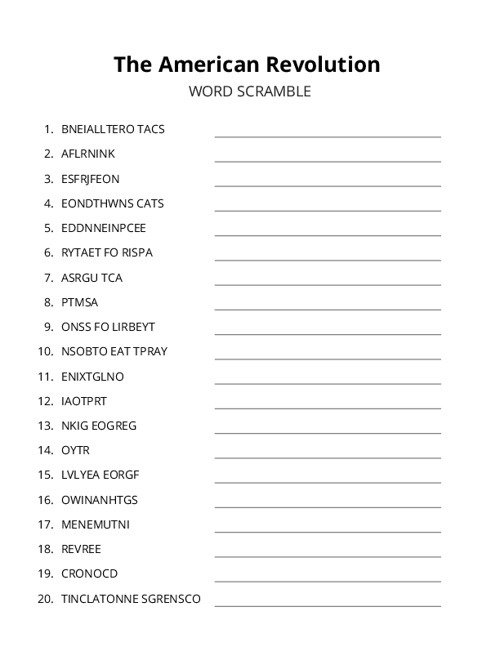 The American Revolution Word Scramble Puzzle