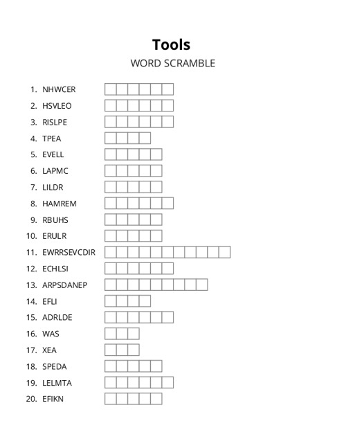 Tools Word Scramble Puzzle