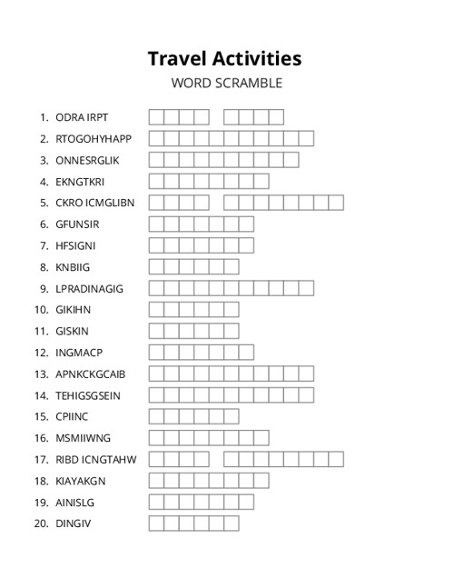 Travel Activities Word Scramble Puzzle