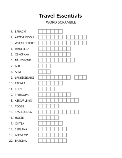 Travel Essentials Word Scramble Puzzle