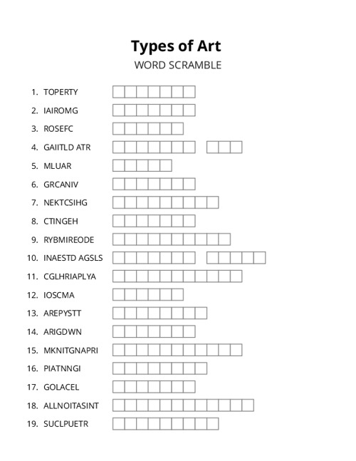 Types of Art Word Scramble Puzzle