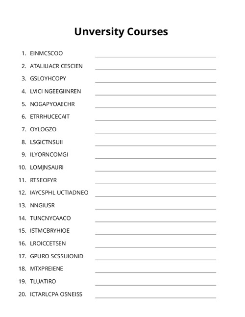 Unversity Courses Word Scramble Puzzle