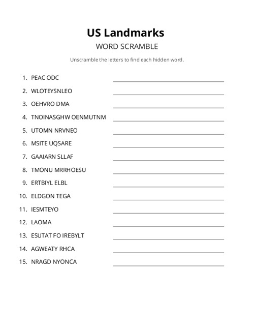 US Landmarks Word Scramble Puzzle