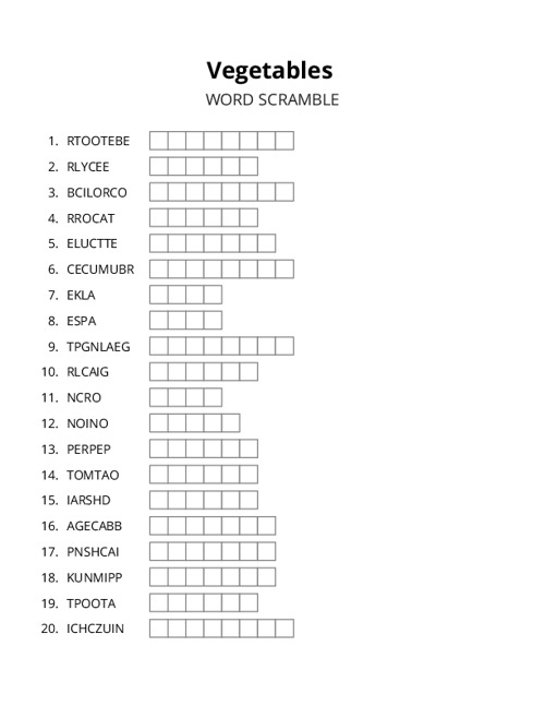 Vegetables Crossword Puzzle
