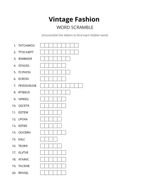 Vintage Fashion Word Scramble Puzzle