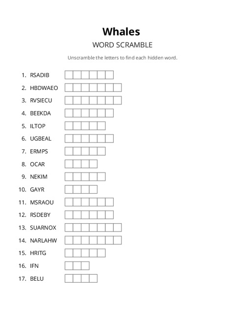 Whales Word Scramble Puzzle