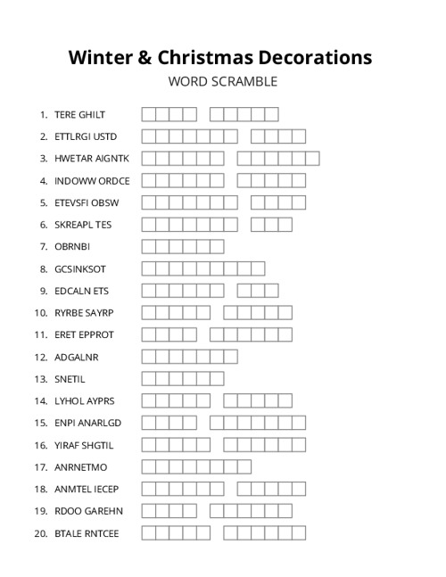Winter & Christmas Decorations Word Scramble Puzzle