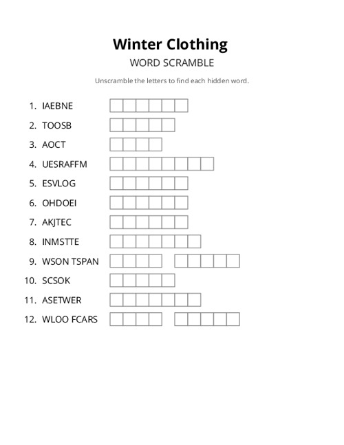 Winter Clothing Word Scramble Puzzle