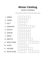 Winter Clothing word scramble puzzle