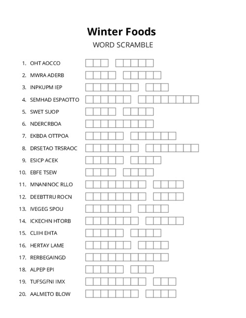 Winter Foods Word Scramble Puzzle