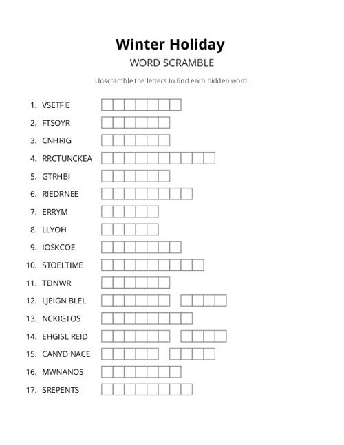 Winter Holiday Word Scramble Puzzle