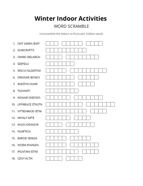 Winter Indoor Activities Word Scramble Puzzle