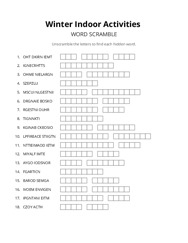 Winter Indoor Activities word scramble puzzle