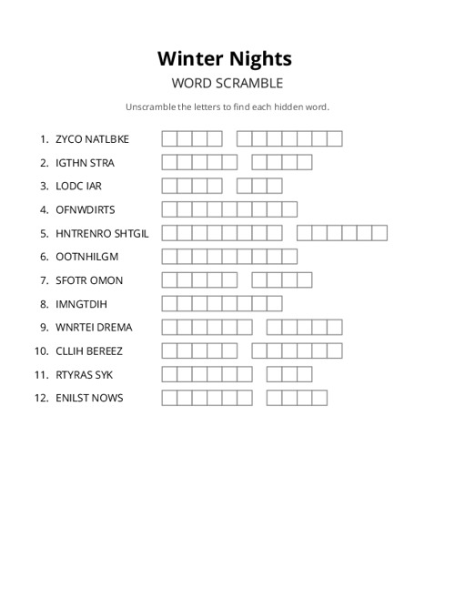 Winter Nights Word Scramble Puzzle
