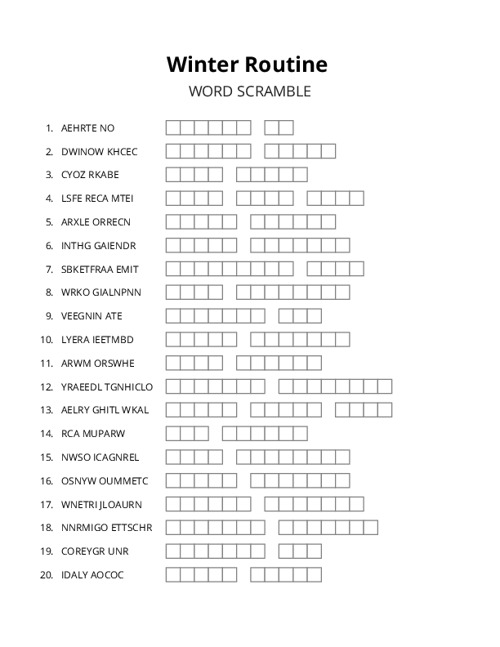Winter Routine Word Scramble Puzzle