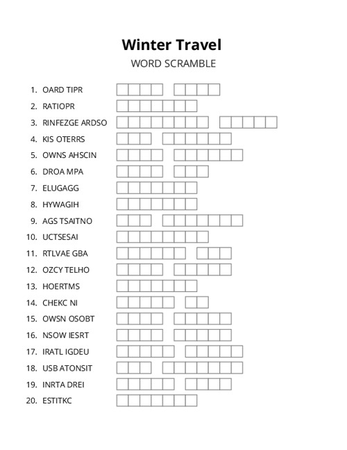 Winter Travel Word Scramble Puzzle
