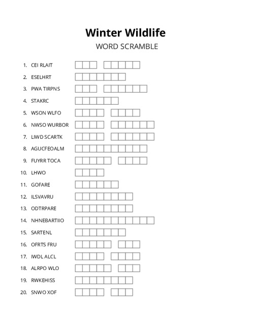 Winter Wildlife Word Scramble Puzzle