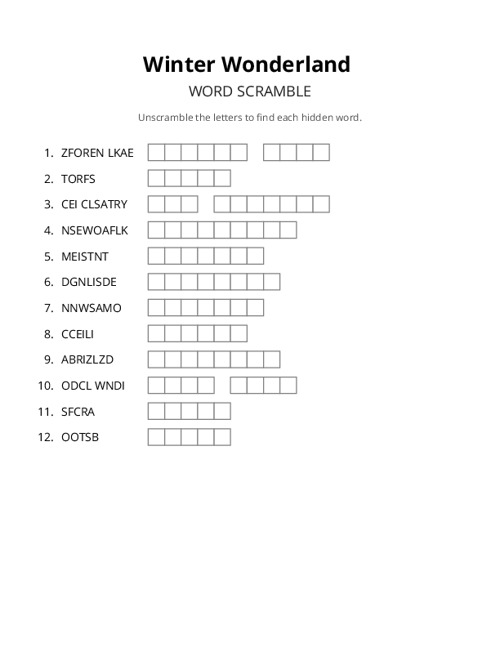 Winter Wonderland Crossword Puzzle