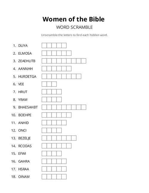 Women of the Bible Word Scramble Puzzle