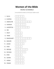 Women of the Bible word scramble puzzle