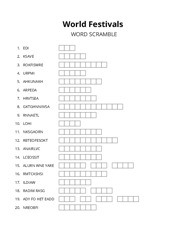 World Festivals word scramble puzzle