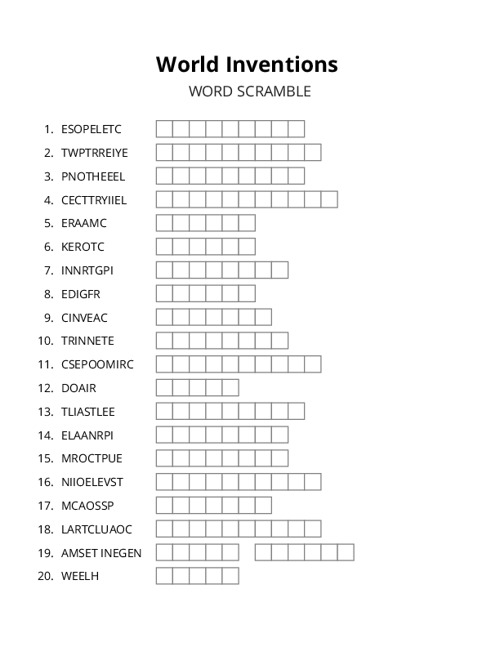 World Inventions Crossword Puzzle