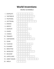 World Inventions word scramble puzzle