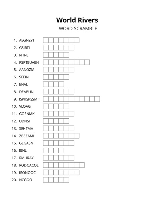World Rivers Word Scramble Puzzle