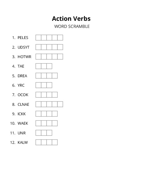 Action Verbs Word Scramble Puzzle