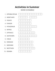 Activities in Summer word scramble puzzle