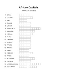 African Capitals word scramble puzzle