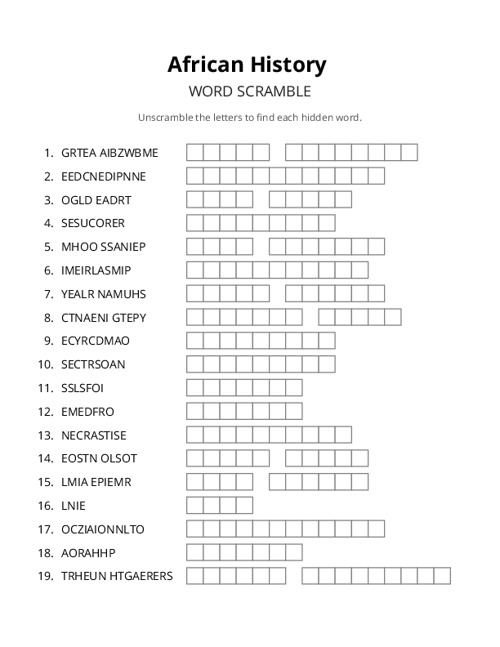 African History Word Scramble Puzzle