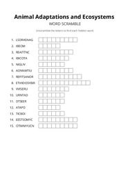 Animal Adaptations and Ecosystems word scramble puzzle
