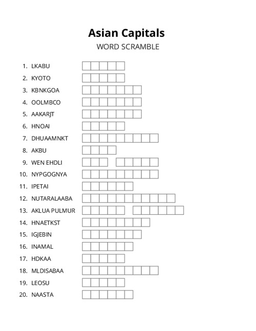 Asian Capitals Word Scramble Puzzle