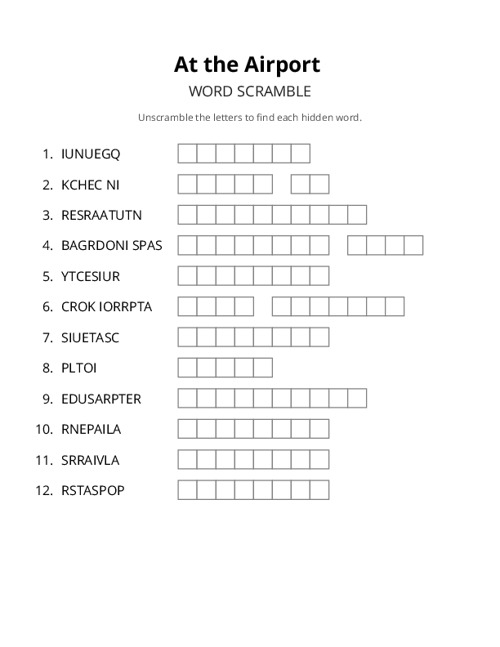 At the Airport Word Scramble Puzzle