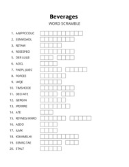 Beverages word scramble puzzle