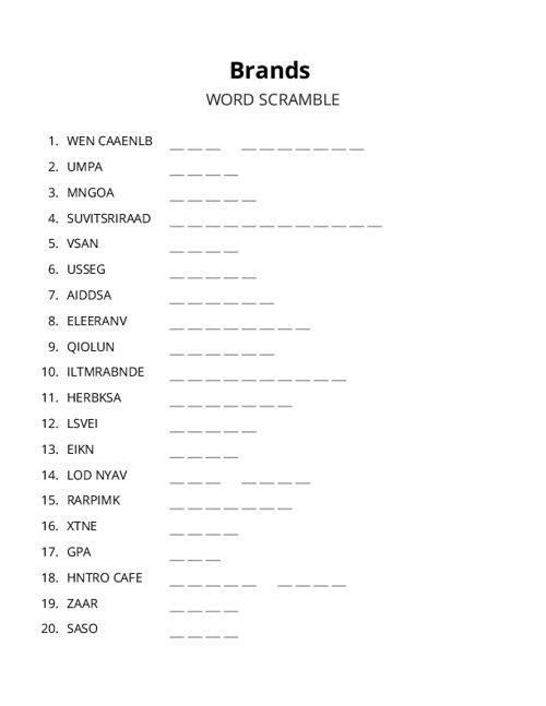 Brands Word Scramble Puzzle