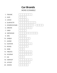 Car Brands word scramble puzzle