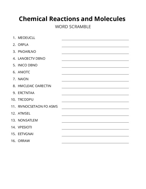 Chemical Reactions and Molecules Word Scramble Puzzle