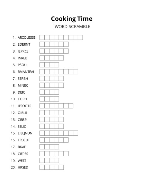 Cooking Time Word Scramble Puzzle