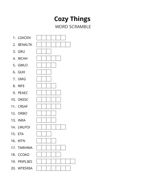 Cozy Things Word Scramble Puzzle