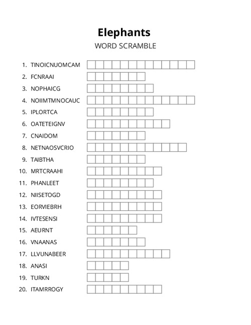 Elephants Word Scramble Puzzle