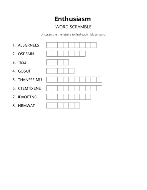 Enthusiasm Word Scramble Puzzle