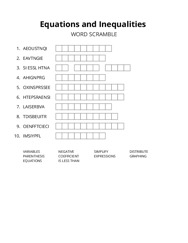 Equations and Inequalities word scramble puzzle