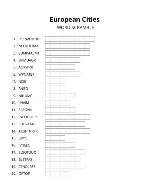 European Cities Word Scramble Puzzle