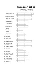 European Cities word scramble puzzle